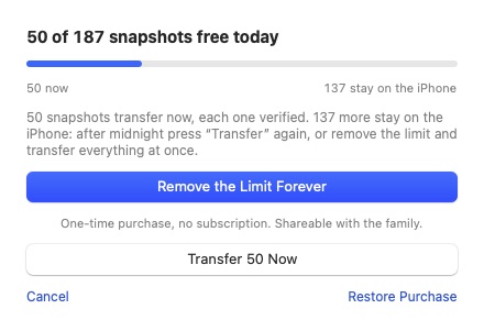 The purchase sheet: 50 of 187 snapshots free today, Remove the Limit Forever, Transfer 50 Now