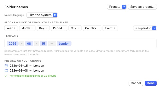 Folder names editor: blocks for year, month, day, period, city, country and event, with a live preview
